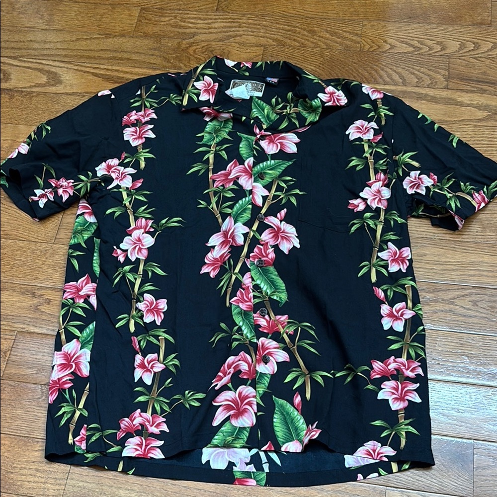 Men's Floral Black Shirt with Pink and Green Accents